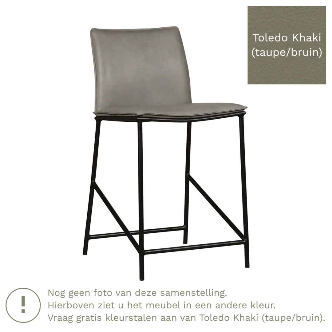 afbeelding van Leren barkruk laag Favor - Toledo Khaki (taupe/bruin) - poten staal rond zwart